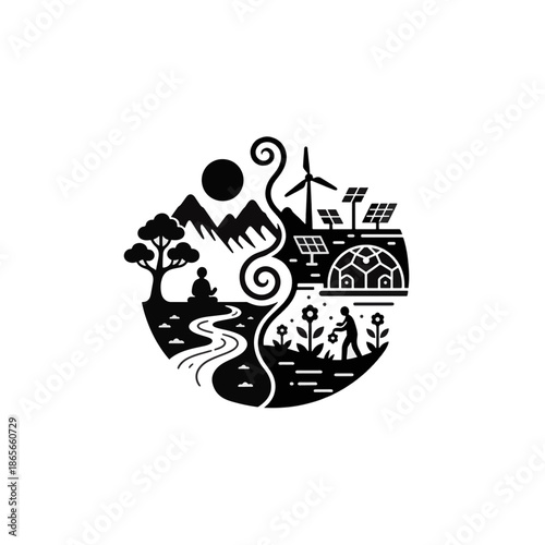 A black silhouette illustration of the balance between nature and technology. Vector icon concept for sustainability, ecology, and renewable energy. Minimalist yin-yang style design.