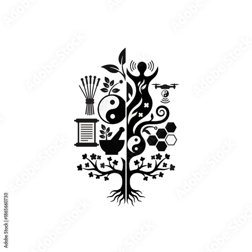 Evolution of medicine vector illustration. Traditional Chinese medicine and future holistic health concept. Black silhouette icons isolated on transparent background