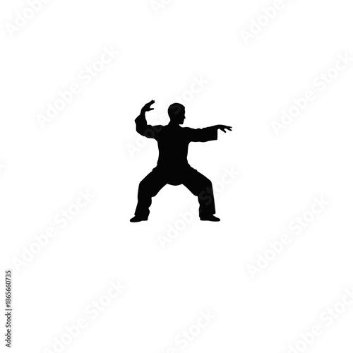 Black silhouette of a person practicing Tai Chi. Martial arts and mindfulness exercise vector icon. Isolated graphic for wellness and fitness design