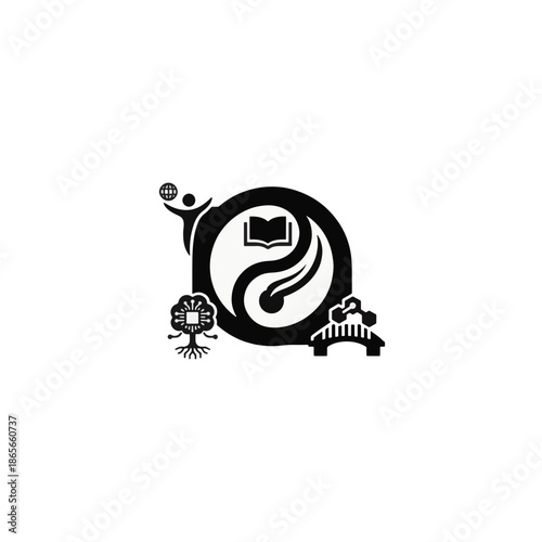 Vector symbol of holistic education and balance. A black glyph icon combining a yin yang, book, technology tree, and globe. Flat design illustration for a logo or emblem