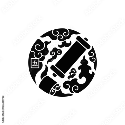 Black silhouette icon of a Chinese scroll and clouds. Taoist philosophy and history symbol. Traditional vector graphic design