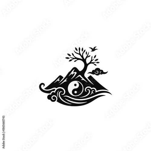 Yin Yang symbol in a nature landscape silhouette. Taoist illustration of balance with mountains, tree, and water. Black graphic icon for a logo or tattoo design.