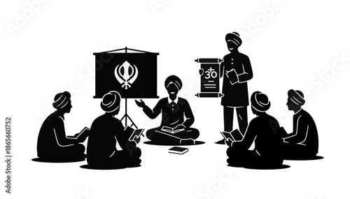 Black silhouette of Sikh youth learning religious values. A vector illustration of a Sikhism workshop with a teacher and students. Graphic featuring the Khanda symbol