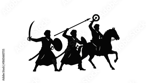Black silhouette of Sikh warriors in battle. Vector illustration of Khalsa soldiers with sword and on horseback. Graphic for Punjabi history and Sikhism concepts