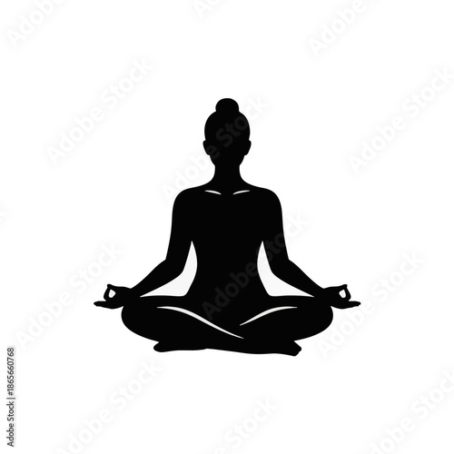 Woman meditating in lotus position silhouette. Yoga and mindfulness vector icon. Spiritual wellness and relaxation graphic symbol