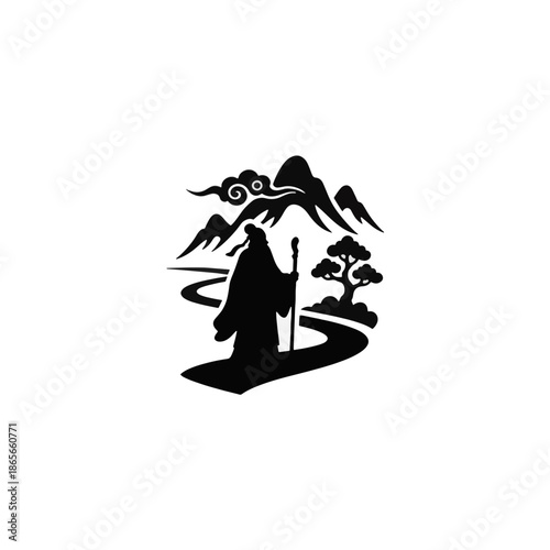 A black silhouette of a Chinese sage on a journey. Taoism inspired vector illustration of a man walking in a mountain landscape. Minimalist graphic icon for philosophy and nature themes
