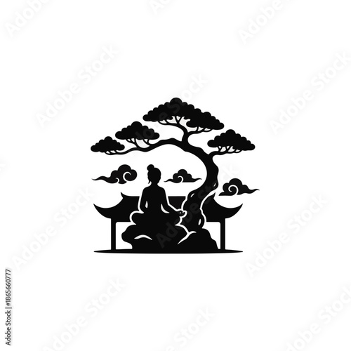 A black silhouette of a person meditating under a tree. Asian Zen spiritual vector illustration. Minimalist icon for yoga, Taoism, and wellness concepts