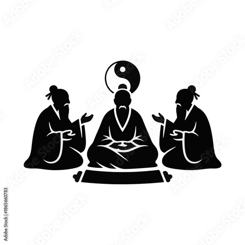 Three ancient Chinese sages discussing philosophy under a yin yang symbol. Taoism and wisdom concept. Black silhouette vector illustration