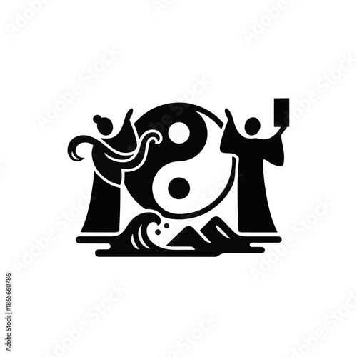 Black silhouette of Taoism philosophy of balance. Vector icon with Yin Yang symbol, teachers, and nature elements. Flat graphic illustration isolated on a transparent background