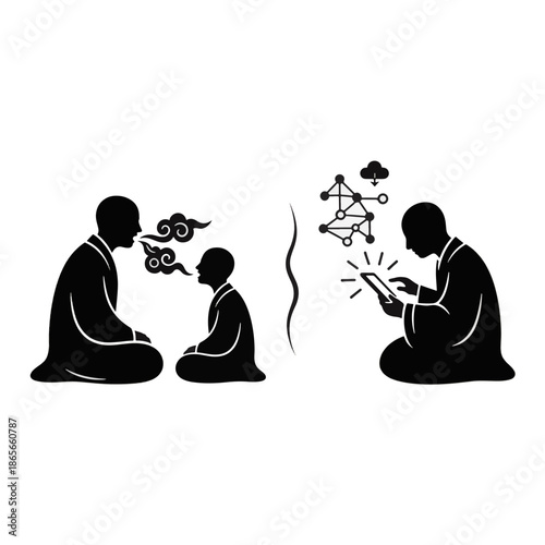 Comparison of traditional and modern knowledge transmission. Silhouette vector of monks showing oral wisdom versus online learning on a tablet. Conceptual minimalist graphic
