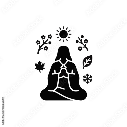 Seasonal change glyph icon with meditation silhouette. Vector illustration of the four seasons cycle. Taoism and nature harmony concept