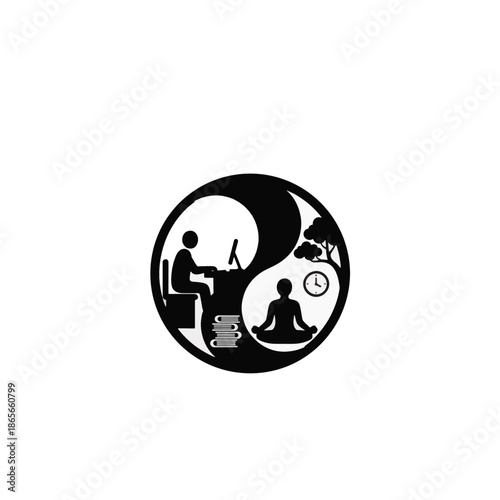 Work-life balance concept shown in a Yin Yang symbol. Minimalist silhouette icon of work versus meditation. Flat vector graphic for wellness and career harmony
