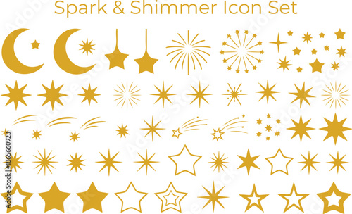Beautiful golden celestial elements and sparkling magic icon collection