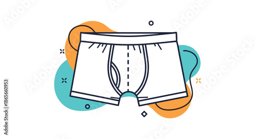 Stylish men's white boxer briefs with dark trim and decorative graphic shapes in the background for fashion and apparel concepts.