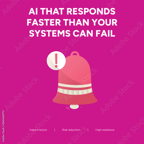 Red bell alert illustration for AI-powered instant action, risk reduction, and system resilience on a bright pink background.