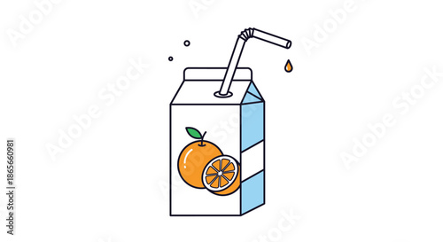Rectangular orange juice carton with a straw and a dripping droplet featuring a fruit illustration on a white background for packaging.