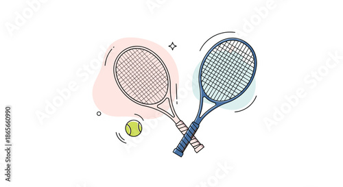 Crossed tennis rackets with a green ball and abstract background elements suitable for sports club and competition branding.