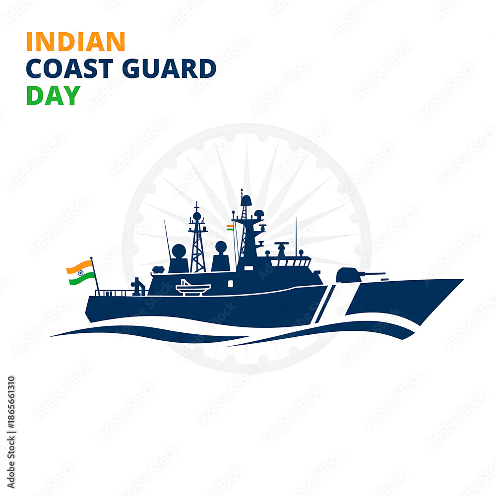 Fototapeta premium Indian Coast Guard Day with naval ship and flag