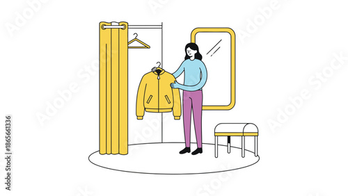 Woman thoughtfully considering a stylish yellow jacket in a fitting room.