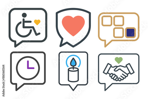 Set of abstract icons for goals, nature, communication, and accessible solutions.