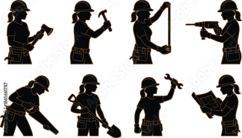 Black silhouettes of professional female construction workers using specialized tools like axes, hammers, saws, and power drills for renovation projects