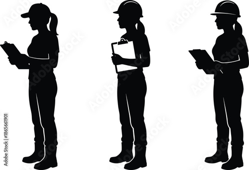 Set of female construction worker silhouettes wearing hard hat and holding clipboard for industrial inspection, engineering and safety vector illustration