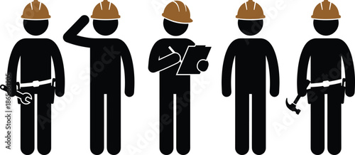 Vector collection of construction worker stick figure icons wearing hard hats and holding wrenches, clipboards, and hammers for industrial building projects