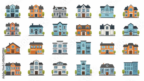 Collection of diverse residential house illustrations in a grid layout.