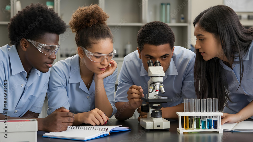 Obraz premium Diverse Students Conducting Science Experiment in High School Laboratory