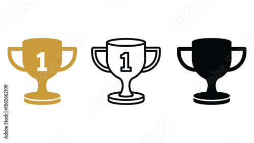 Gold, outline, and black first place trophy icons symbolizing achievement and victory