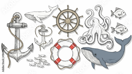 Nautical elements collection with whales octopus anchors and ship wheel.