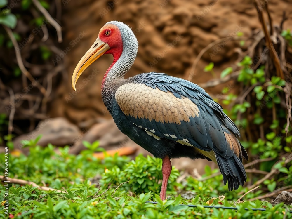 Fototapeta premium A dodo bird in profile, showcasing its distinctive plump body, short legs, and powerful hooked beak, set against an ancient, overgrown landscape, endemic bird, unique beak