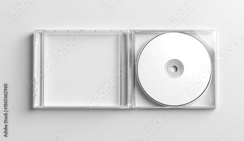Empty transparent plastic cd case with white blank disc inside on a white background for mockup design