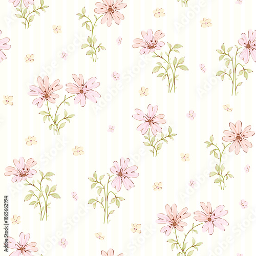 Cute floral pattern in small design. Small flowers on light stripe background. Ditsy floral seamless pattern. Pretty small print. Daisy flower surface design. for fashion, wallpaper, textile, print