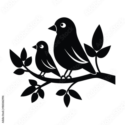 Bird Family on Branch Silhouette Vector