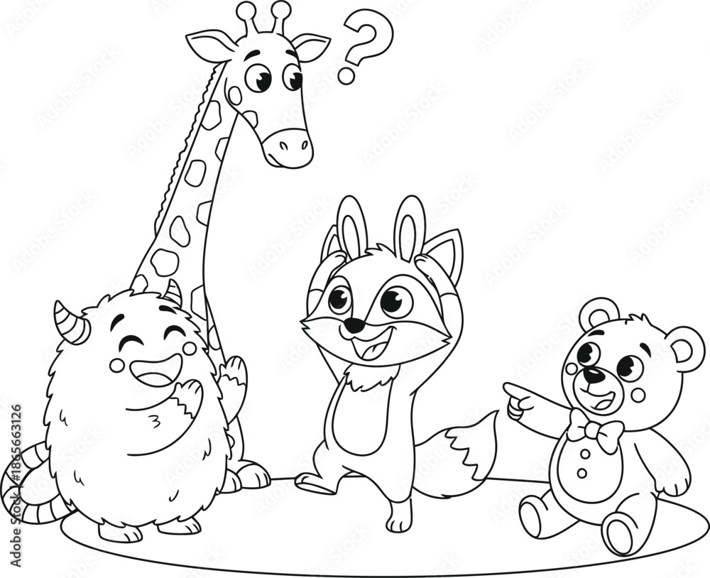 Obraz premium Animal Friends Coloring Page - Cute Giraffe, Fox, Bear, and Monster for Kids Activity