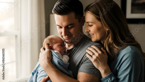 Parents cradling their newborn child in a loving embrace