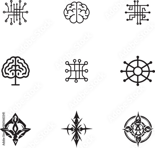 Artificial Intelligence and Brain Line Icons for Tech and Data Design