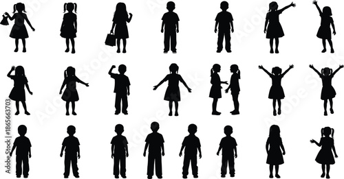 Children silhouette set, diverse poses, black and white design, kids icon collection, educational graphic, playful figures, school theme, minimal style