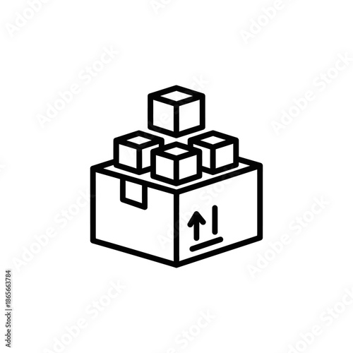 Minimalist Black and White Illustration of a Moving Box with Cubes Inside