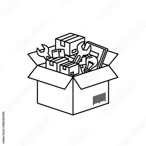 Open Box Filled with Assorted Tools and Items for Repair and DIY Projects