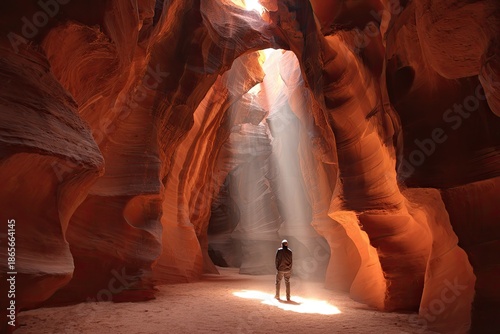 Sunlight streams into a sandstone canyon, illuminating a person below
