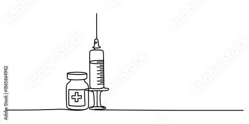 A continuous line art drawing of a medical syringe and a vaccine vial, illustrating healthcare and vaccination Vector, illustration
