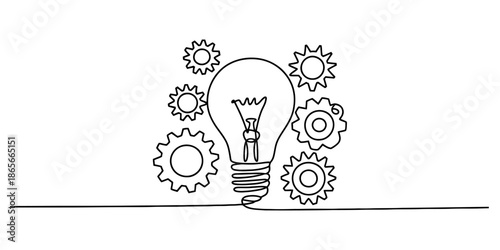 Continuous line drawing of a light bulb and gears representing creative thinking Vector, illustration