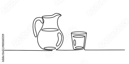 Minimalist continuous line drawing depicting a pitcher and a glass with liquid Vector, illustration