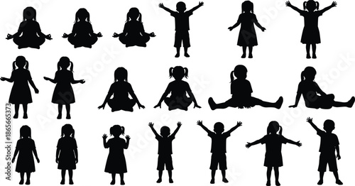 Children silhouettes, various poses, sitting, standing, playful stances, diverse postures, black illustration, boys and girls, educational, design, vector