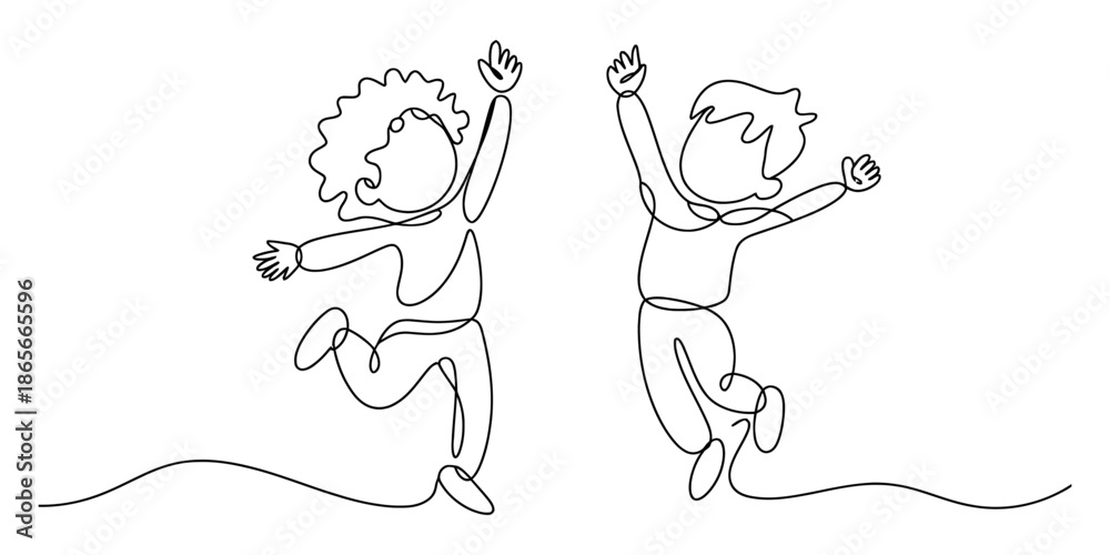 Fototapeta premium Continuous line drawing of two happy children jumping in a playful and joyful pose Vector, illustration