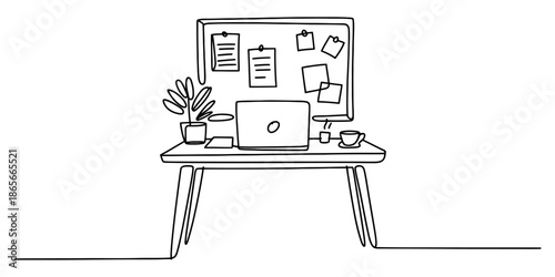 Continuous line art drawing of a home office workspace with laptop on desk Vector, illustration