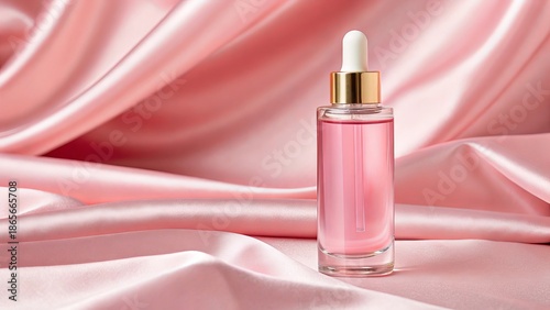 Elegant pink beauty serum dropper bottle on luxurious draped satin background