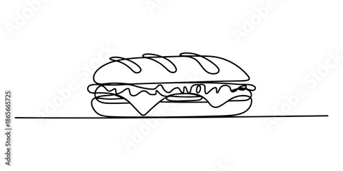 Minimalist continuous line art illustration of a long submarine sandwich on a white background Vector, illustration
